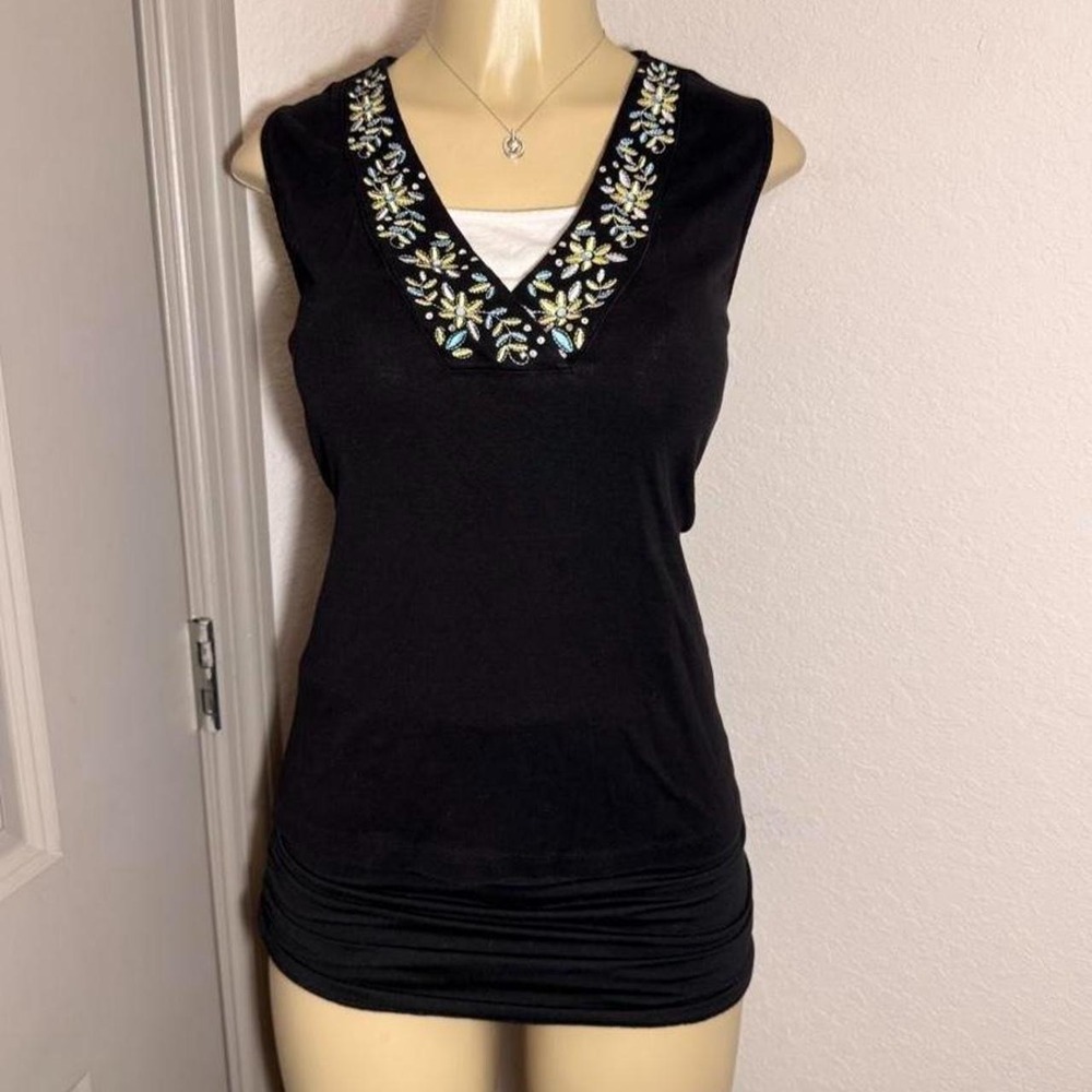 Karen Scott black cotton tank top with white neckline layer